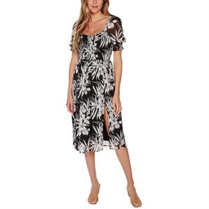 Belldini Womens Black Label Petite Size Tropical Floral Puff Sleeve Dress